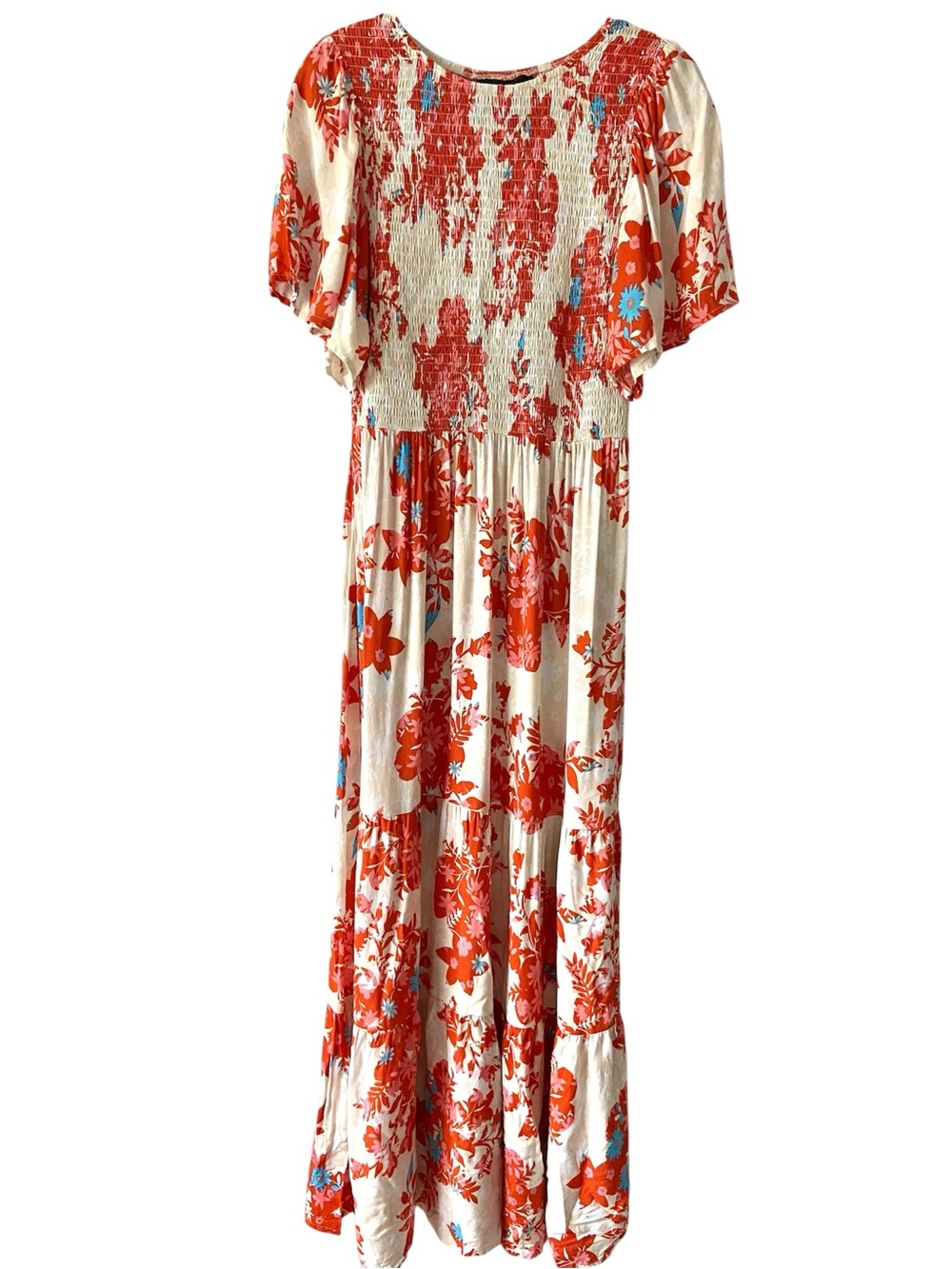 ZESICA Floral Smocked Maxi Dress Boho Flutter Sleeve Tiered Cream Orange M